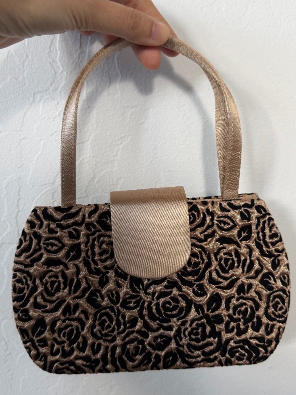 Vintage Gold & Black Rose Satin Mini Evening Bag Handbag